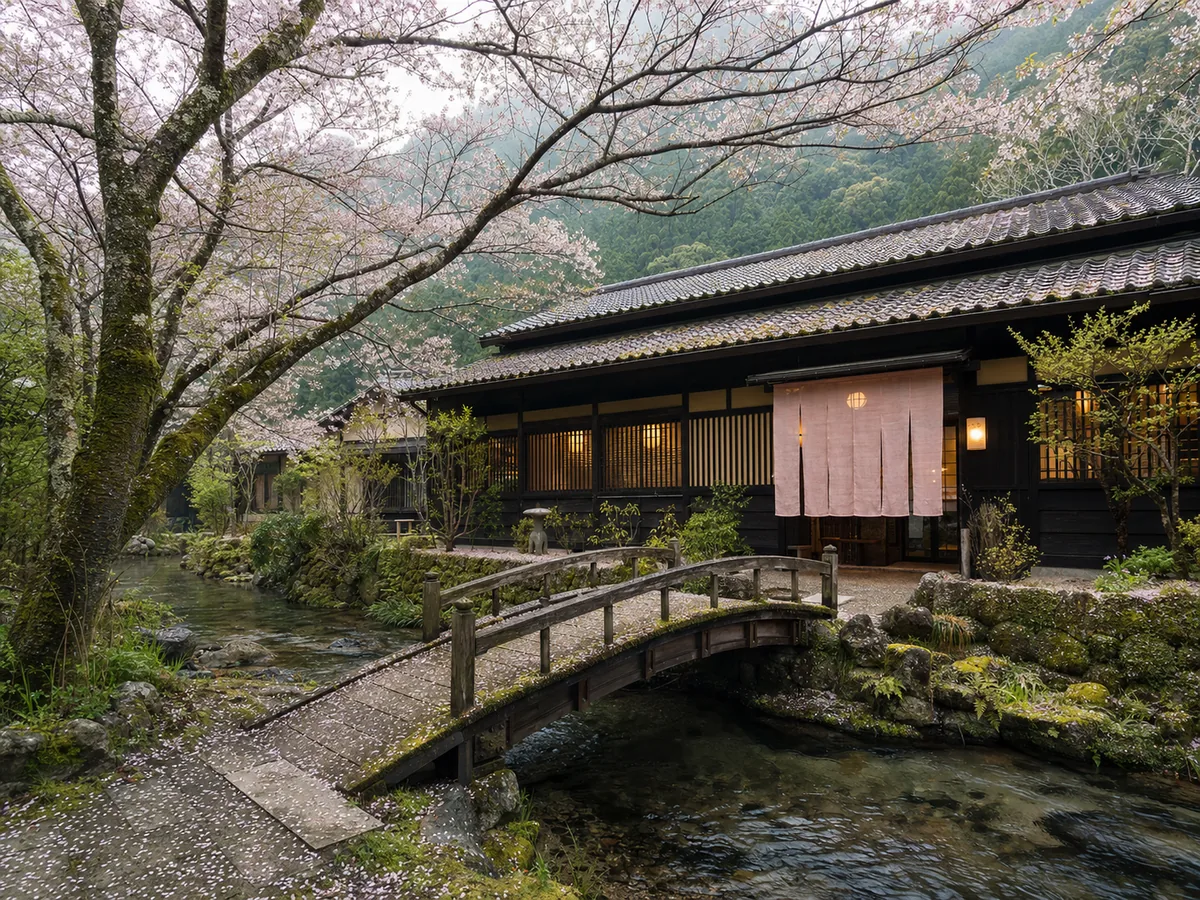 桜咲く山あいの旅館