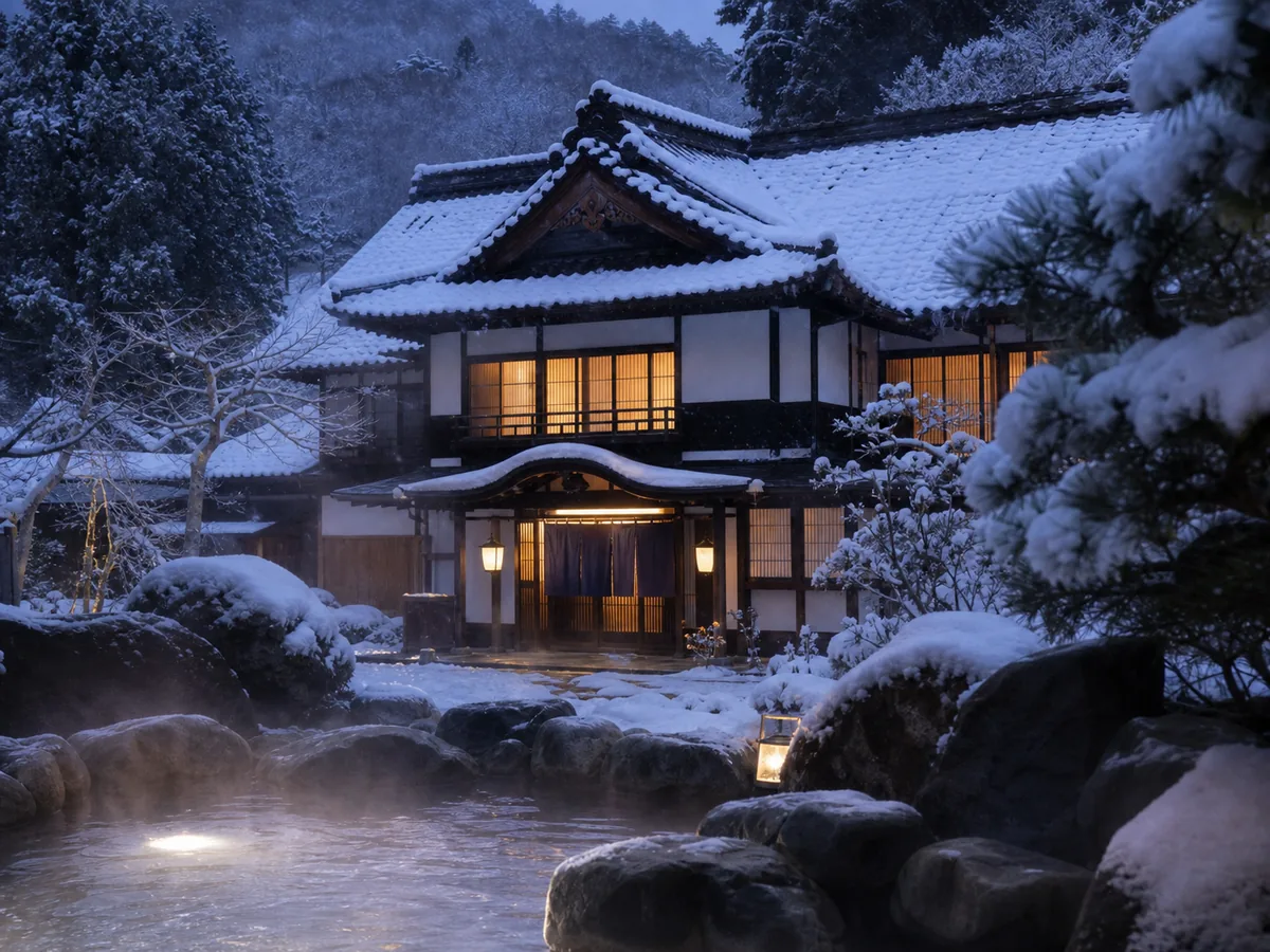 雪景色と露天風呂の冬の旅館
